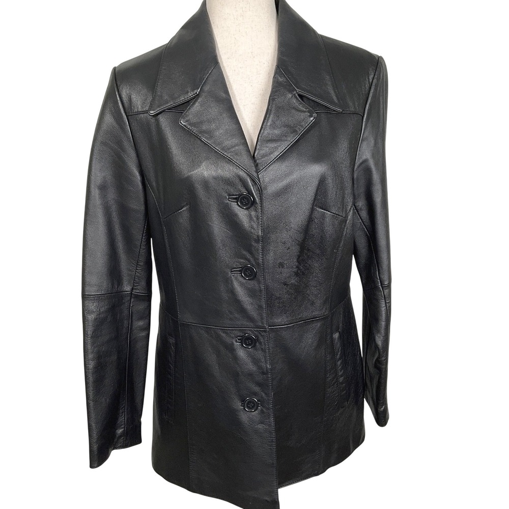 Wilsons Leather Jacket Women M Black Button Classic Jacket VTG